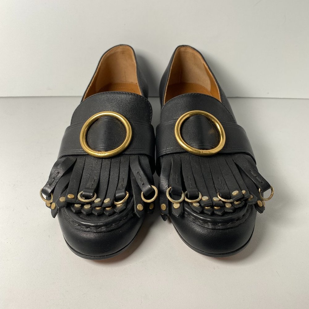 Chloé Olly Fringe Leather Loafers Womens Size 37 Black Slip On Flats Shoes Gold